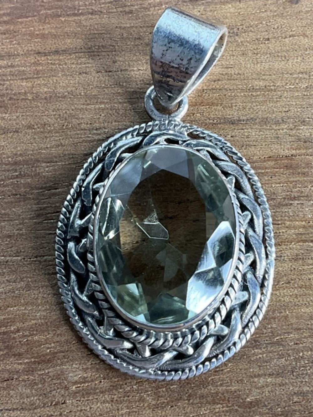 Vintage Prasiolite Sterling Silver Green Amethyst Oval Pendant And 925 Necklace